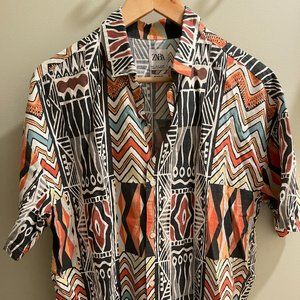 BNWT Mens ZARA Small Relaxed Fit Tribal Print Casual Short Sleeve Shirt Sz S